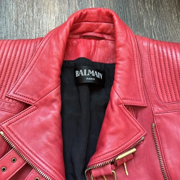 Balmain Red Leather Moto Jacket